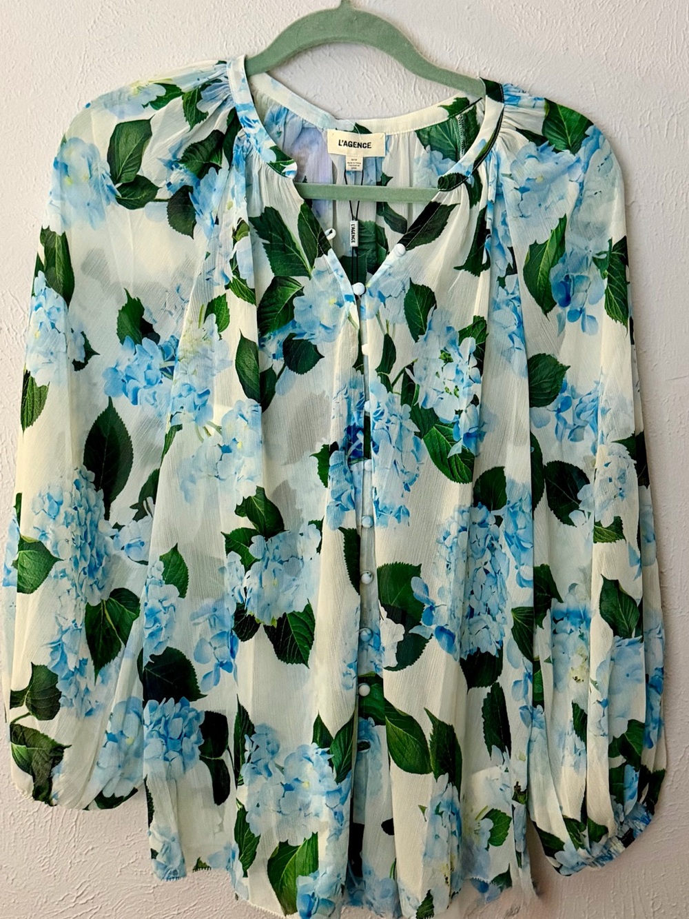 L'AGENCE White Blouse with Blue Hydrangea Print